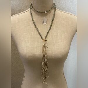 Handknotted Vintage Glass Trade Bead Necklace with Leather Tassel & Crystal